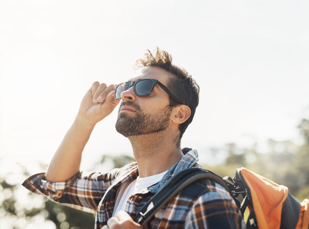 Man,,Hiking,And,Mountain,For,Outdoor,Backpack,Journey,,Sunglasses,Adventure